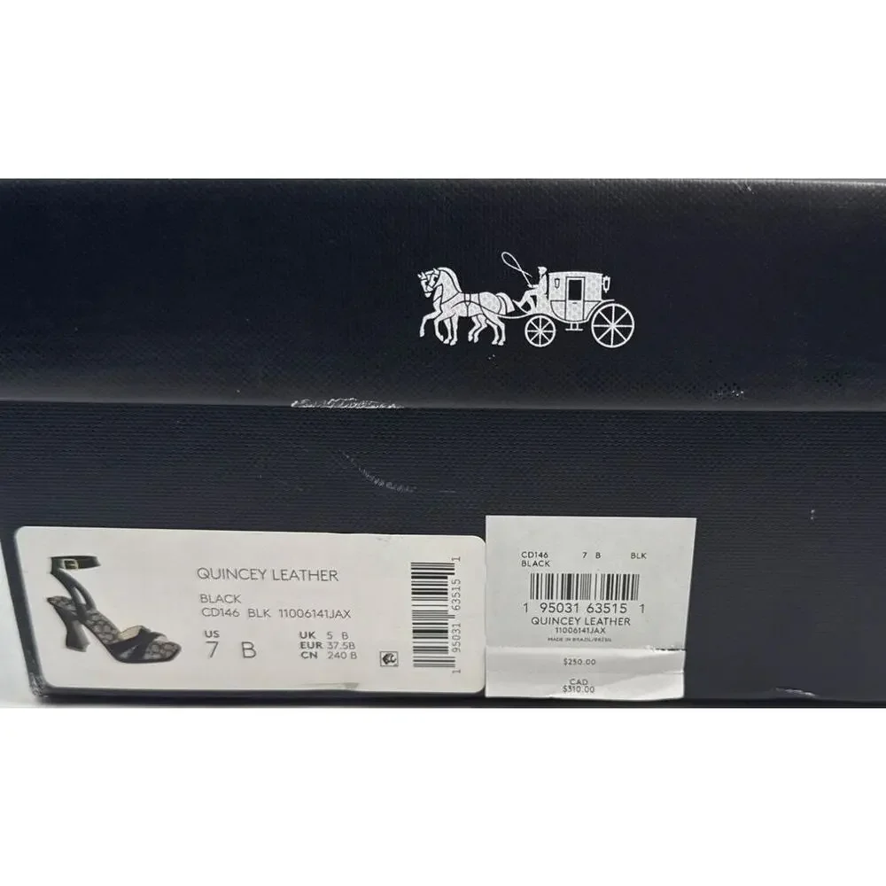 Coach Quincey Black Leather Heeled Sandals Womens 7 B Top Knot Comfort Jacquard - Picture 12 of 15